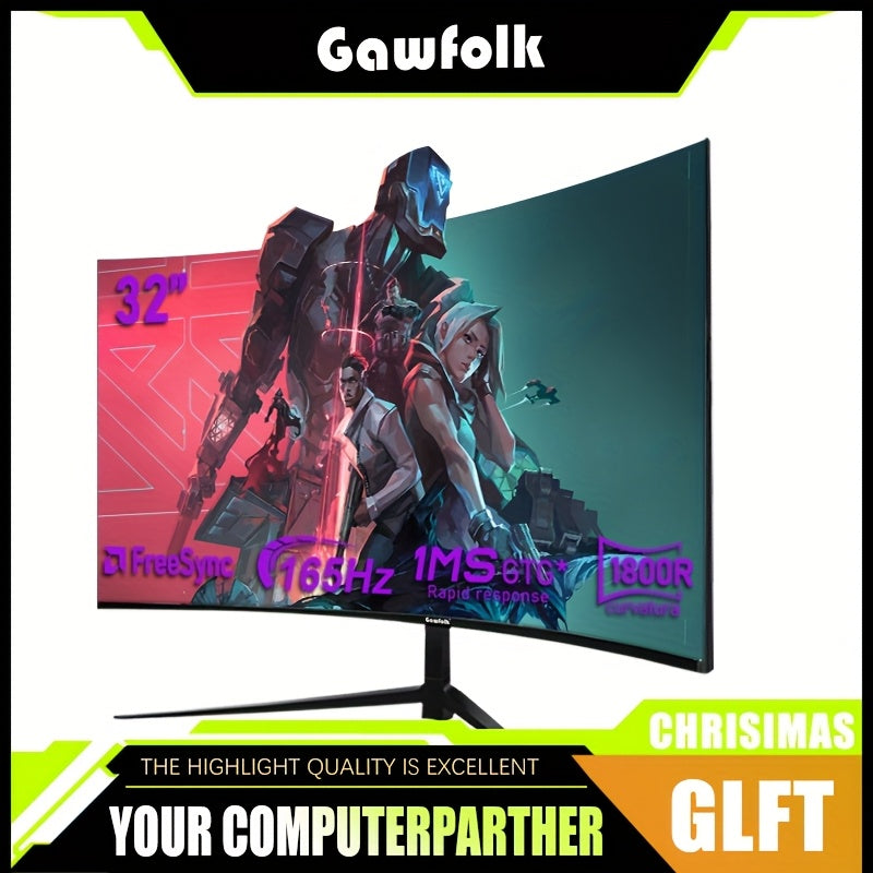1pc GAWFOLK 32" Curved Gaming Monitor, 165Hz High Refresh Rate, 1ms Response Time, HDR400, 2560x1440 Resolution, LED Backlight, NTSC Color Gamut, Anti-Tear Technology, US Plug, 110V/220V, for Home & Office Use