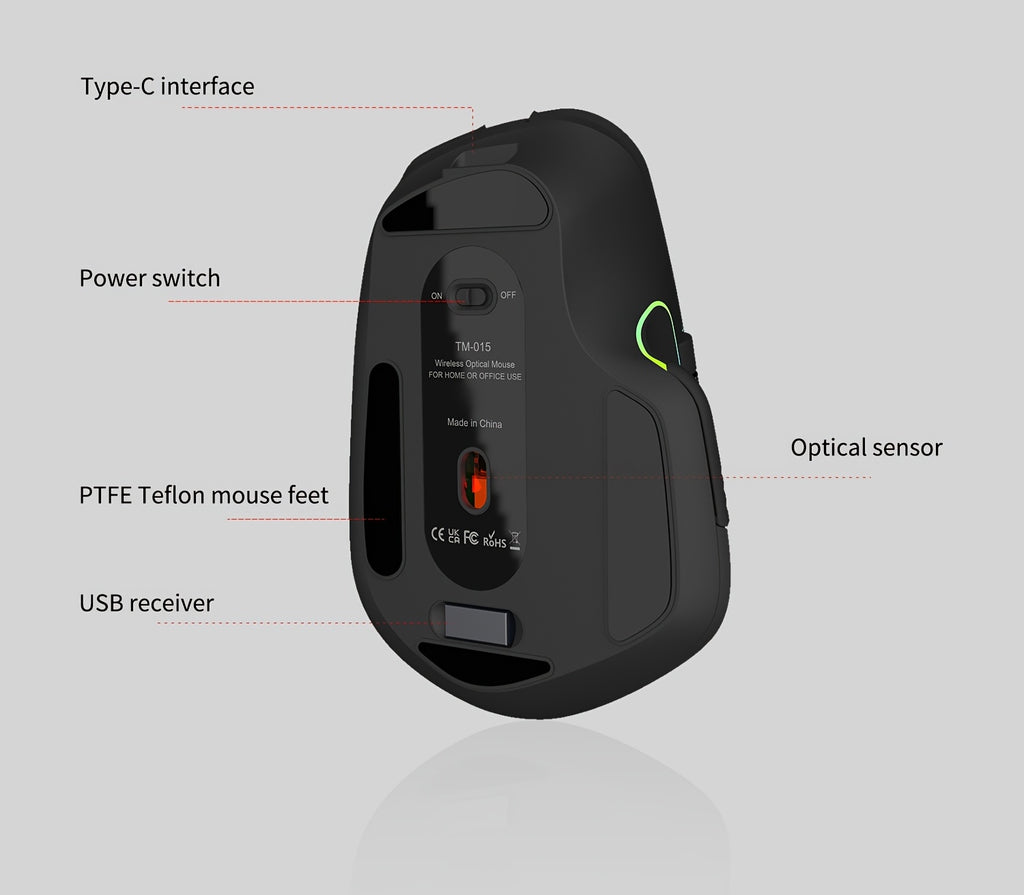 Wireless Wireless Mouse, 2.4GHz, Type-C Wired Three Mode Connection, Artificial Vertical Mouse, Rechargeable Optical Mouse