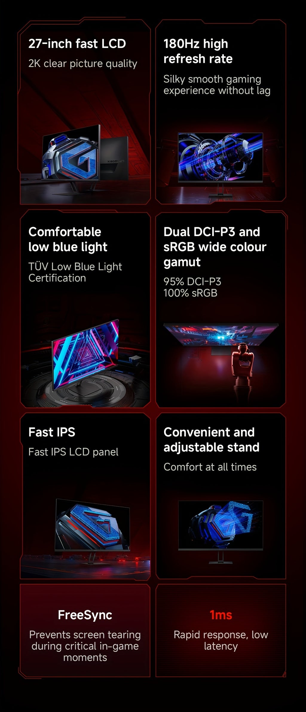 Xiaomi 2K Gaming Monitor G27Qi, 2560*1440, 2k Fast LCD, 1ms Response FreeSync, 180Hz Refresh Rate, 100% SRGB 95% DCI-P3, Low Blue Light Monitor