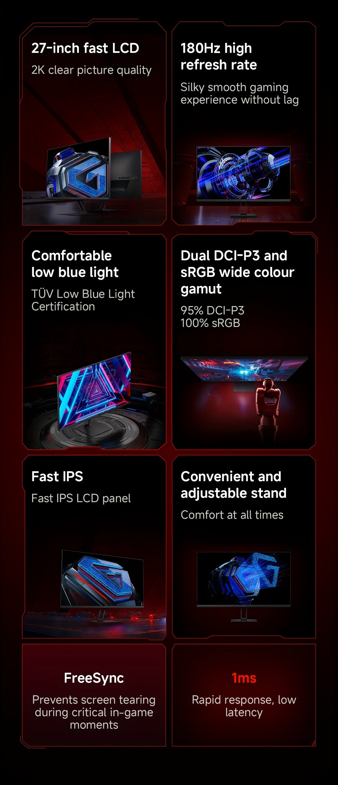 Xiaomi 2K Gaming Monitor G27Qi, 2560*1440, 2k Fast LCD, 1ms Response FreeSync, 180Hz Refresh Rate, 100% SRGB 95% DCI-P3, Low Blue Light Monitor