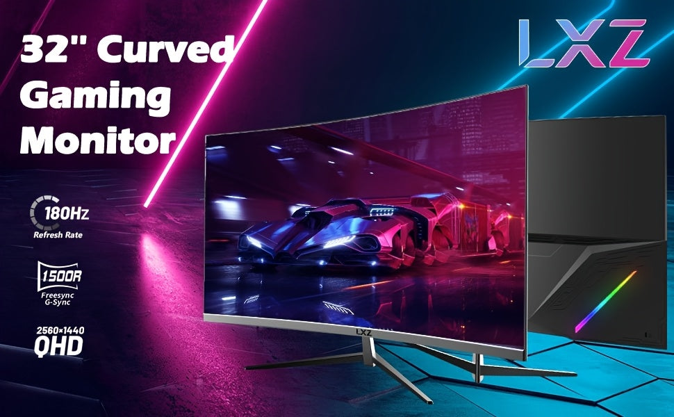 LXZ 32 Inch Curved Gaming Monitor 180Hz, 2K QHD(2560×1440P), 1500R PC Monitor, Frameless, Computer Display With FreeSync Technology, Wall Mountable, Gift For Boys Girls, Christmas Gift, Birthday Gift