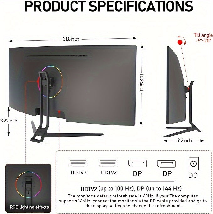 Gawfolk 34" Ultra-Wide Curved Gaming Monitor - 144Hz, UWQHD (3440x1440), Adaptive Sync, 178° Viewing Angle, Display Port, Wall Mount Compatible, Black
