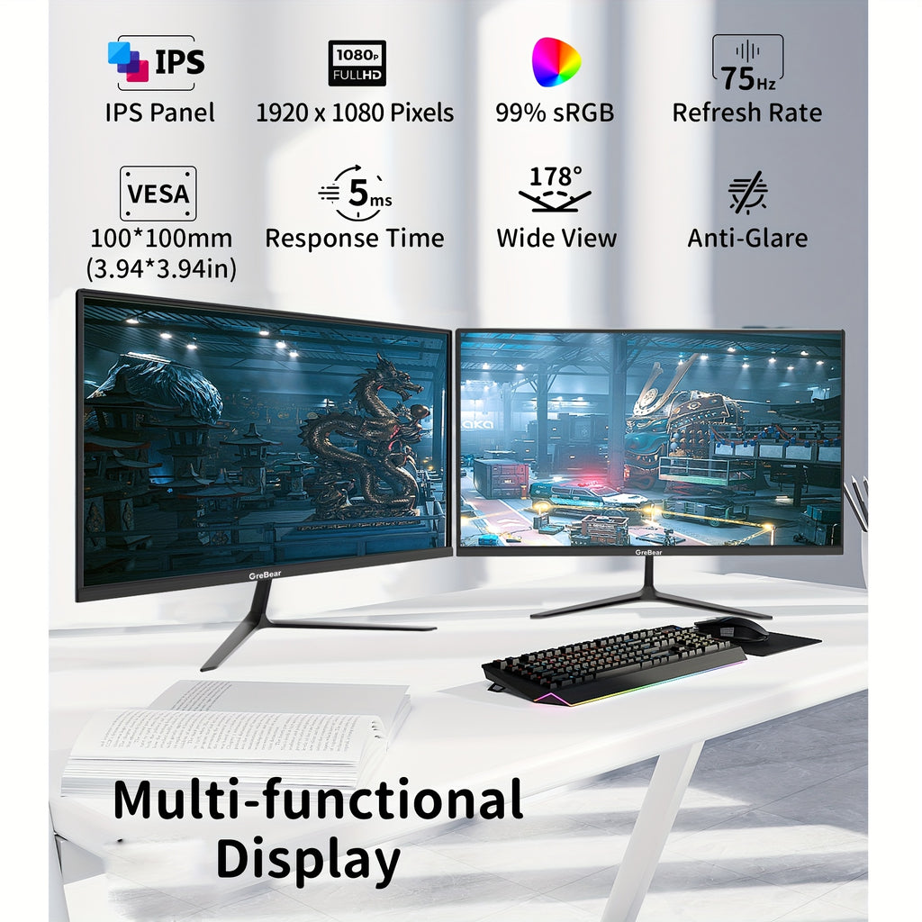 GreBear 24/27" FHD IPS Gaming Monitor - 1080P, 75Hz Refresh Rate, 99% SRGB, Low Blue Light, Anti-Glare LED Desktop Display with HDTV/VGA/Audio, Freesync & Tilt Adjustment