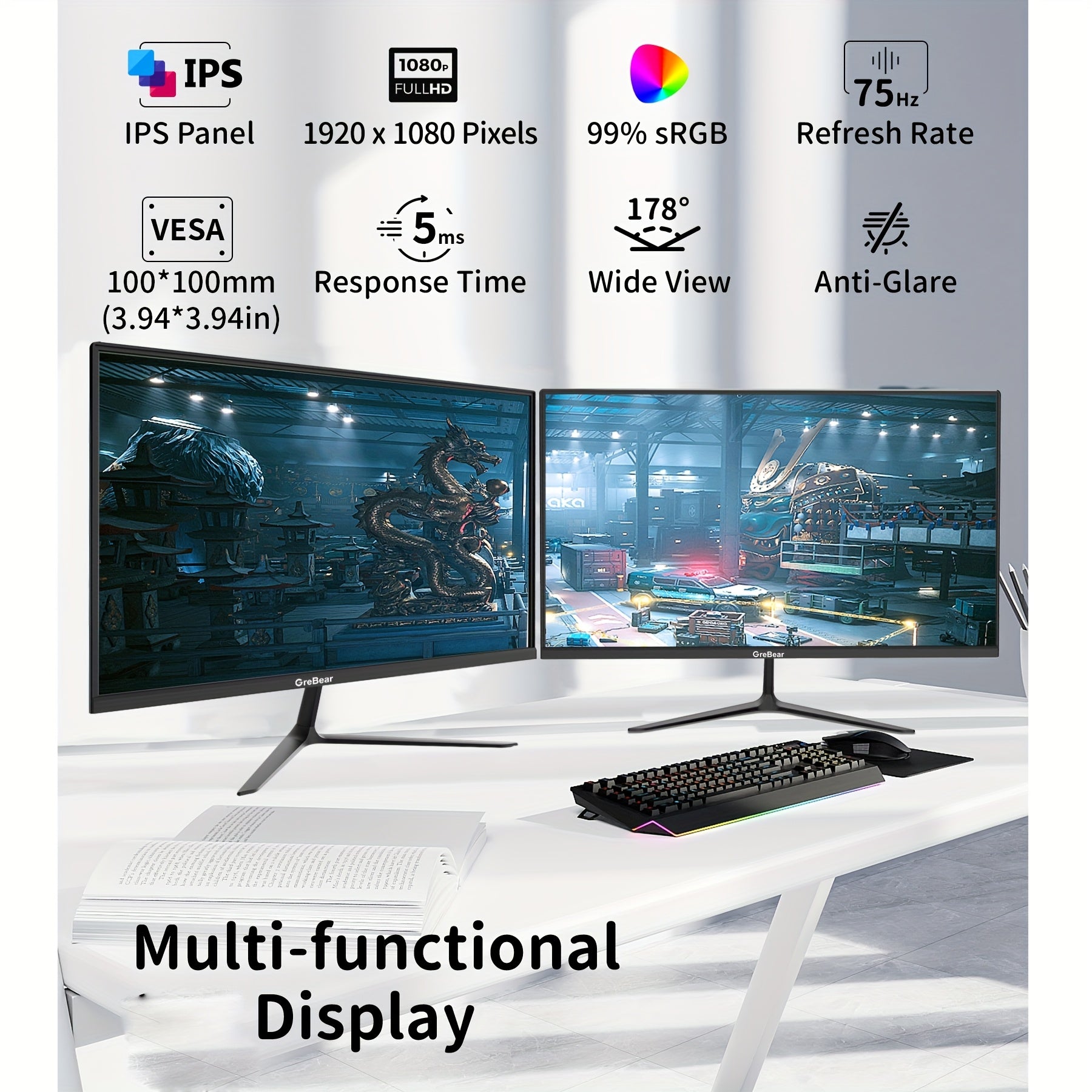 GreBear 24/27" FHD IPS Gaming Monitor - 1080P, 75Hz Refresh Rate, 99% SRGB, Low Blue Light, Anti-Glare LED Desktop Display with HDTV/VGA/Audio, Freesync & Tilt Adjustment