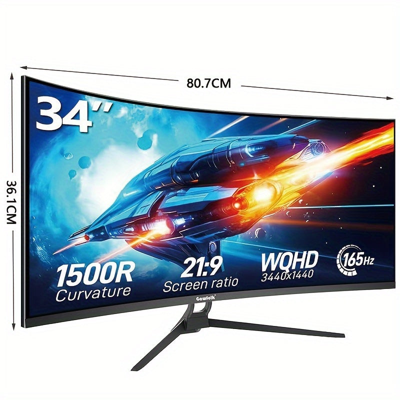 Gawfolk 34" Ultra-Wide Curved Gaming Monitor - 144Hz, UWQHD (3440x1440), Adaptive Sync, 178° Viewing Angle, Display Port, Wall Mount Compatible, Black