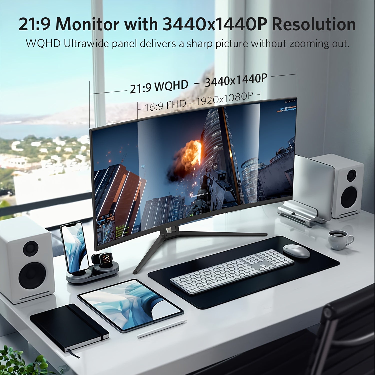 35in Ultra Wide QHD 21:9 Gaming Monitor, With Adaptive Sync, 120Hz Refresh Rate, Picture In Picture, By SRGB 99%, 2xHD, 2xDisplay Ports, R1800, 3440*1440P, (DP Cable Included)