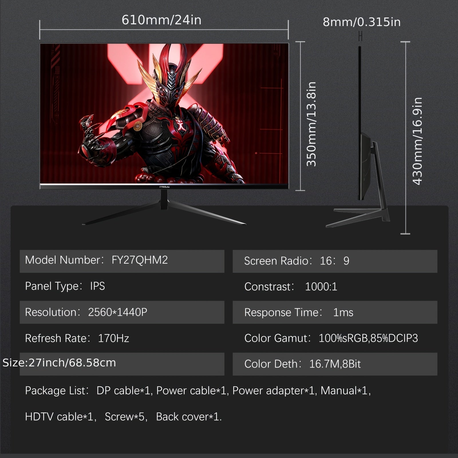27-inch 170hz IPS Gaming Monitor, 1ms MPRT, QHD 1440P (2560X1440) Gaming Monitor, Support 144hz/165hz/170hz, AMD Freesync Premium Display, Eye Care, DisplayPort, HDTV, VESA Mount