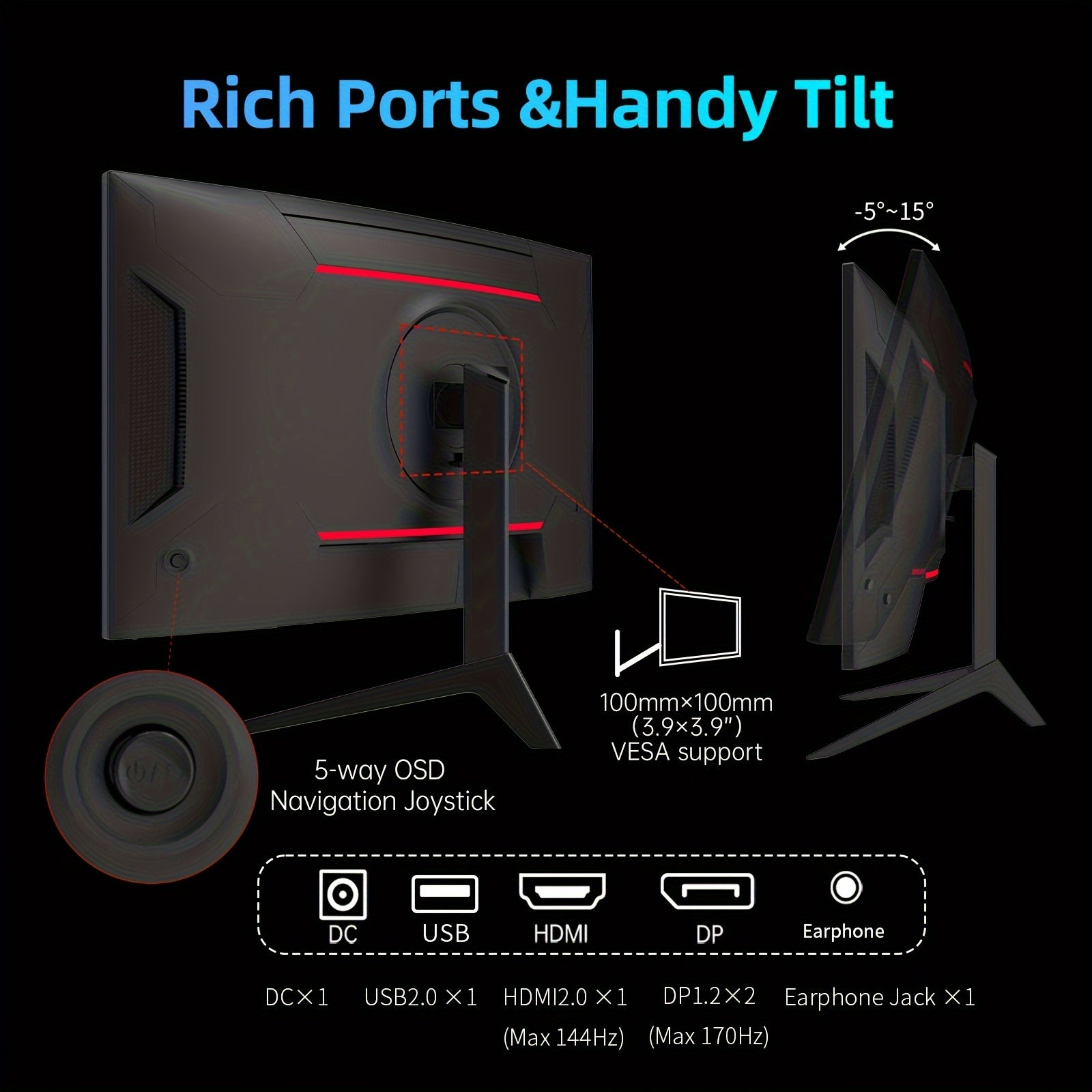 KTC 27 Inch Curved Gaming Monitor, 170Hz 1ms MPRT, 2K 1440P 144Hz Monitor, 1500R HVA Display, FreeSync Premium, HDR, 120%sRGB, DisplayPort/HDMI/USB, Vesa Support 3.9x3.9'', Computer Monitor For Gamers