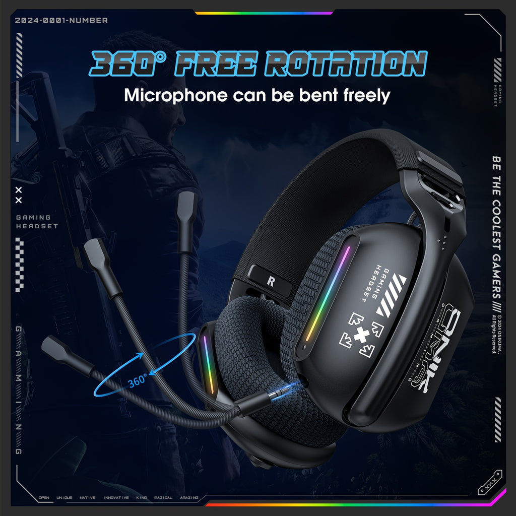 ONIKUMA 2.4G Tri-Mode Wireless Gaming Headset, Rechargeable Battery, Closed-back, Stereo Audio, 3.5mm Headphone Jack, Type-C Port Charging, Non - Waterproof, Push Button Type, Volume Control, Wireless 5.3, 2.4GHz, with Microp