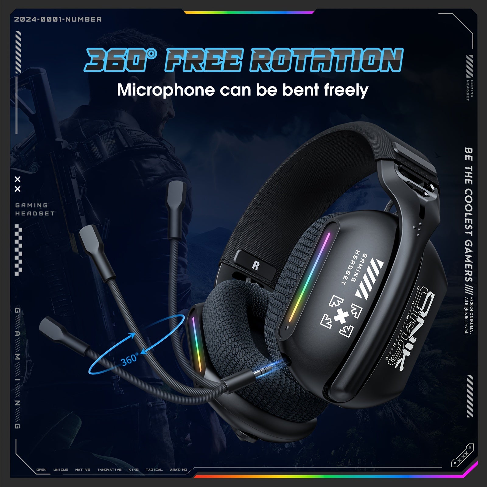ONIKUMA 2.4G Tri-Mode Wireless Gaming Headset, Rechargeable Battery, Closed-back, Stereo Audio, 3.5mm Headphone Jack, Type-C Port Charging, Non - Waterproof, Push Button Type, Volume Control, Wireless 5.3, 2.4GHz, with Microp