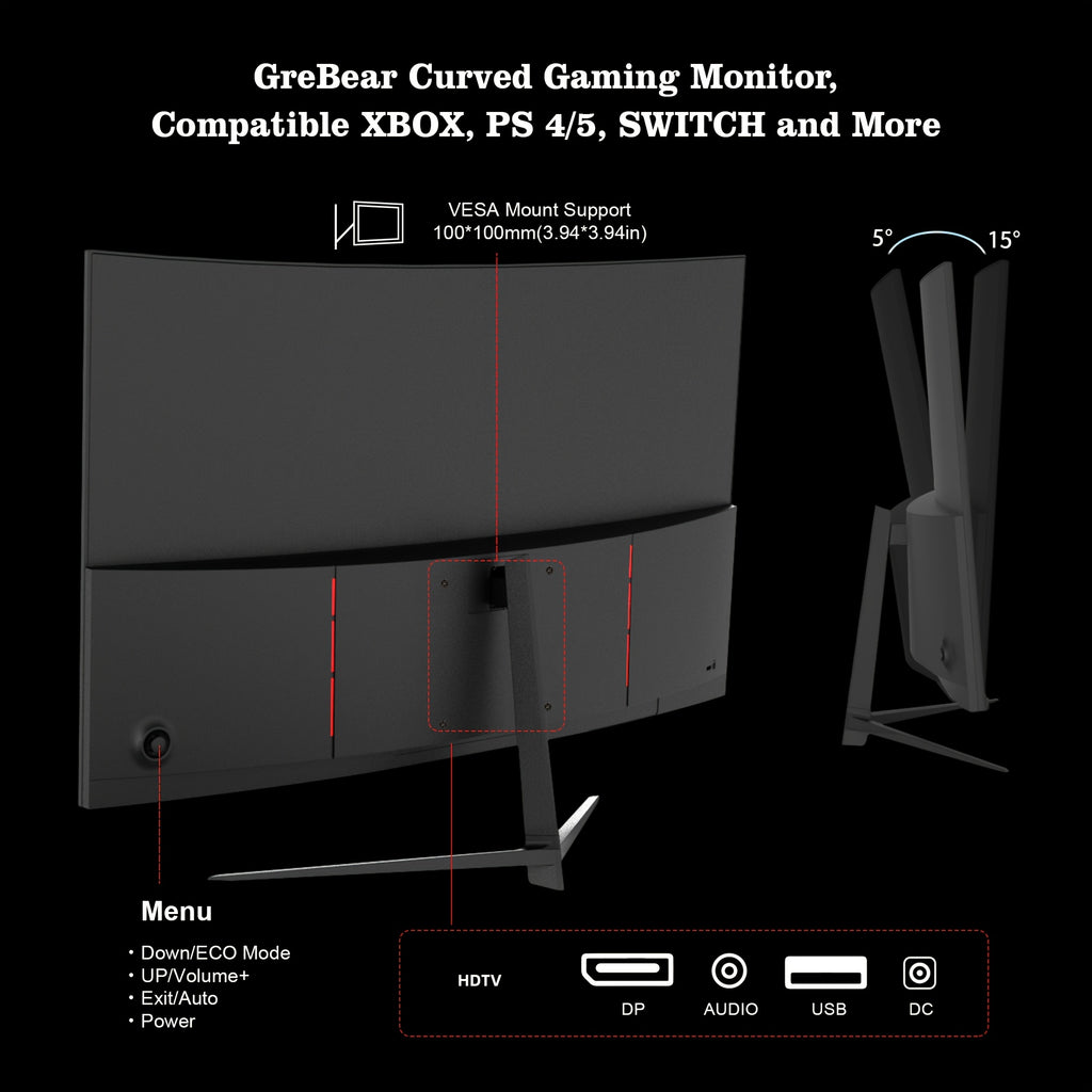 27-inch Curved Monitor 165Hz FHD 1080P VA Screen 1ms GTG Home Office Computer Gaming Monitor, FreeSync Technology, 100% SRGB, HDR, HDTV, DP, Built-in Speaker, Adjustable Tilt, 100×100mm VESA