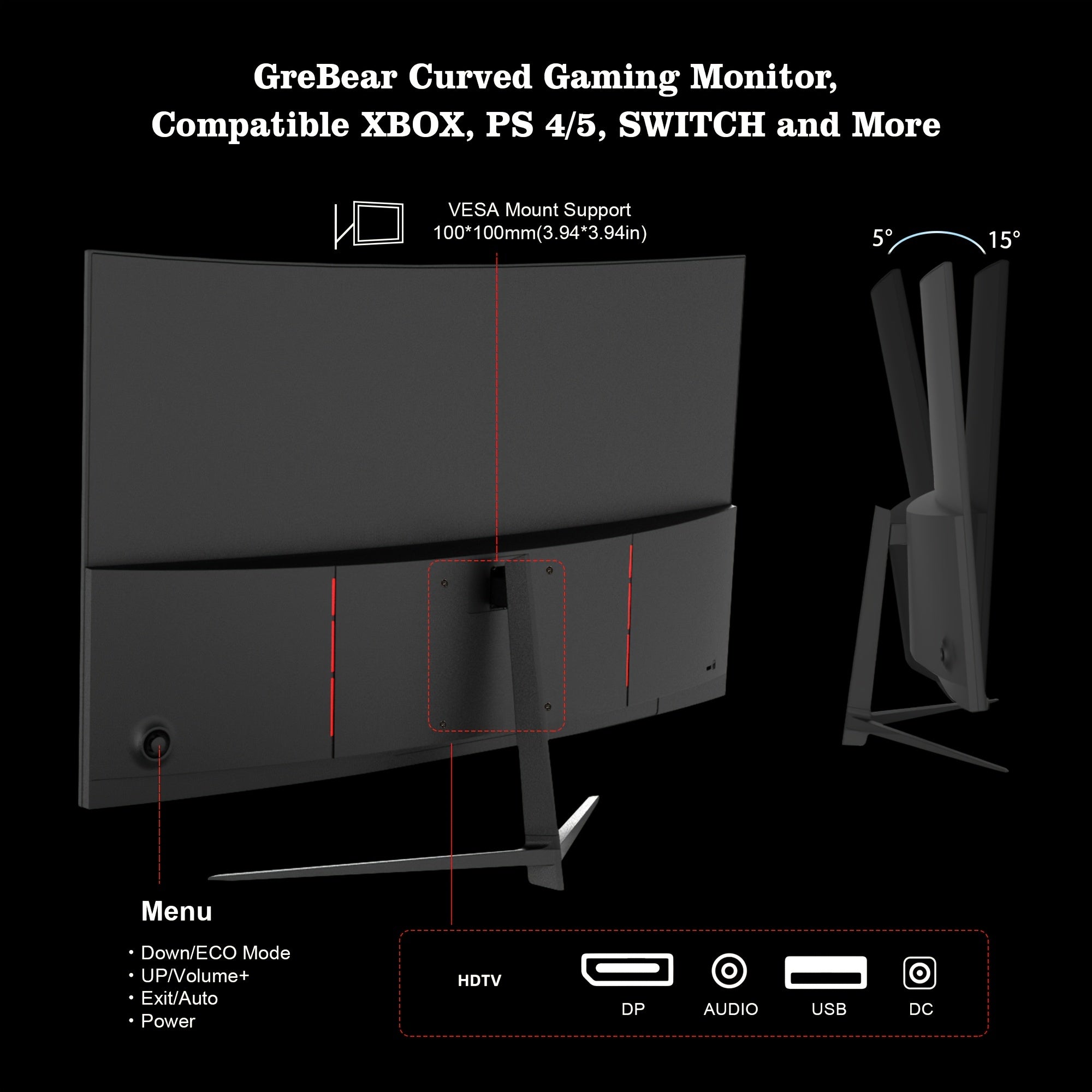 27-inch Curved Monitor 165Hz FHD 1080P VA Screen 1ms GTG Home Office Computer Gaming Monitor, FreeSync Technology, 100% SRGB, HDR, HDTV, DP, Built-in Speaker, Adjustable Tilt, 100×100mm VESA