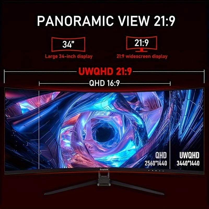 Gawfolk 34" Ultra-Wide Curved Gaming Monitor - 144Hz, UWQHD (3440x1440), Adaptive Sync, 178° Viewing Angle, Display Port, Wall Mount Compatible, Black