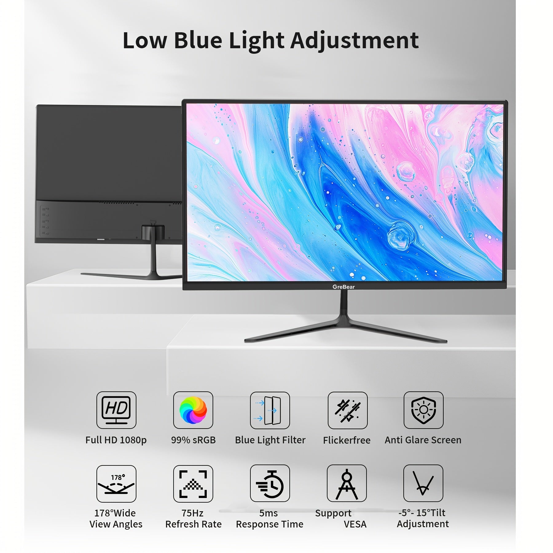 GreBear 24/27" FHD IPS Gaming Monitor - 1080P, 75Hz Refresh Rate, 99% SRGB, Low Blue Light, Anti-Glare LED Desktop Display with HDTV/VGA/Audio, Freesync & Tilt Adjustment
