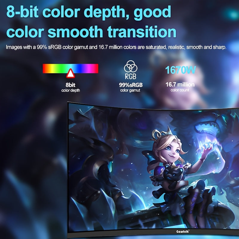 1pc GAWFOLK 32" Curved Gaming Monitor, 165Hz High Refresh Rate, 1ms Response Time, HDR400, 2560x1440 Resolution, LED Backlight, NTSC Color Gamut, Anti-Tear Technology, US Plug, 110V/220V, for Home & Office Use