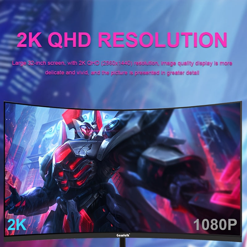 1pc GAWFOLK 32" Curved Gaming Monitor, 165Hz High Refresh Rate, 1ms Response Time, HDR400, 2560x1440 Resolution, LED Backlight, NTSC Color Gamut, Anti-Tear Technology, US Plug, 110V/220V, for Home & Office Use