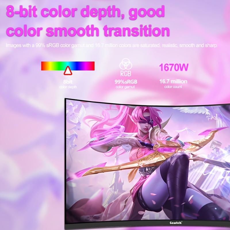 1pc GAWFOLK 32" Curved Gaming Monitor, 165Hz High Refresh Rate, 1ms Response Time, HDR400, 2560x1440 Resolution, LED Backlight, NTSC Color Gamut, Anti-Tear Technology, US Plug, 110V/220V, for Home & Office Use