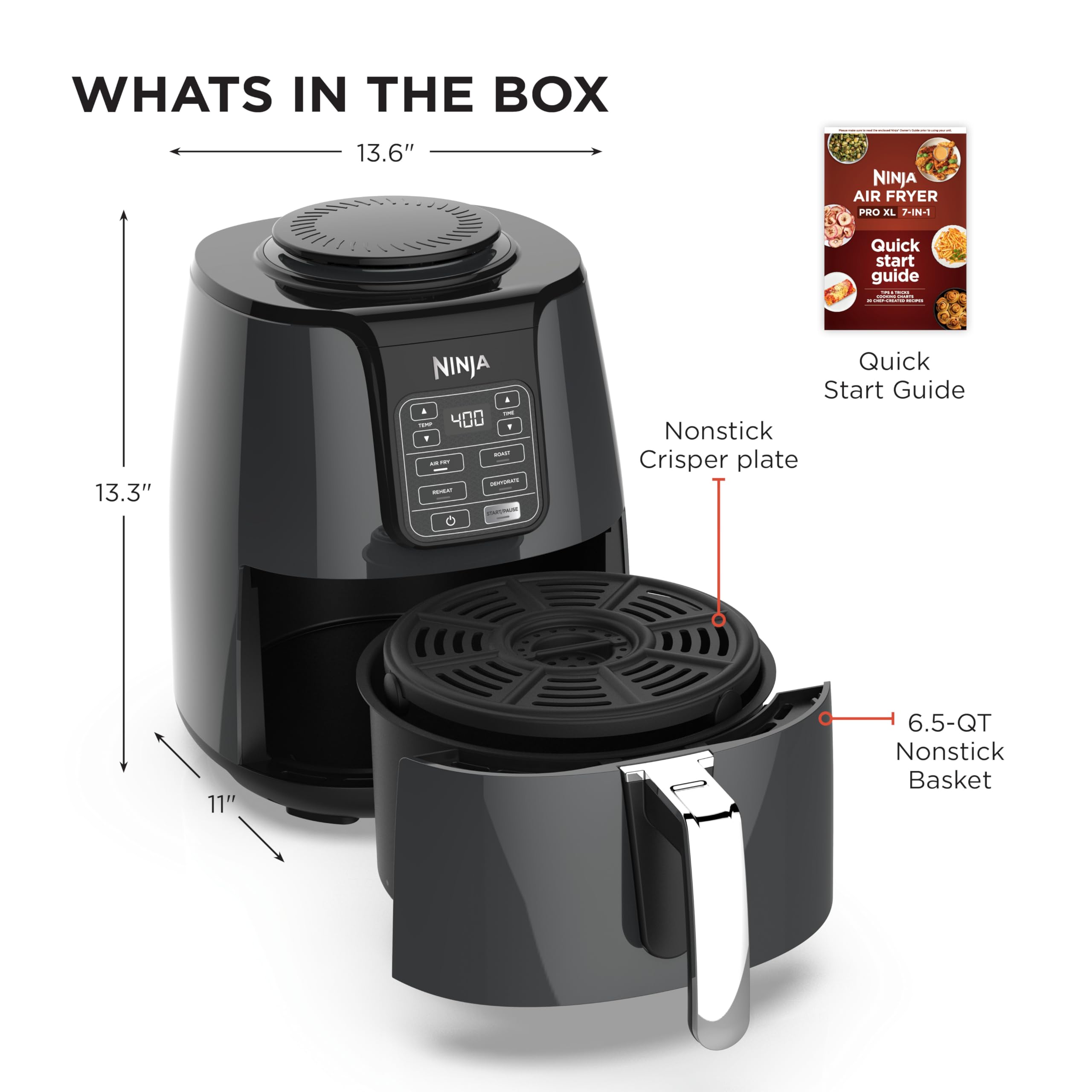 Ninja XL Air Fryer with MaxCrisp | 6.5 QT Capacity | 6-in-1 Max Crisp, Air Fry, Roast, Bake, Reheat & Dehydrate | 450°F Temp | 1750 Watts | Nonstick Basket, Crisper Plate & Recipe Guide | Grey | AF181