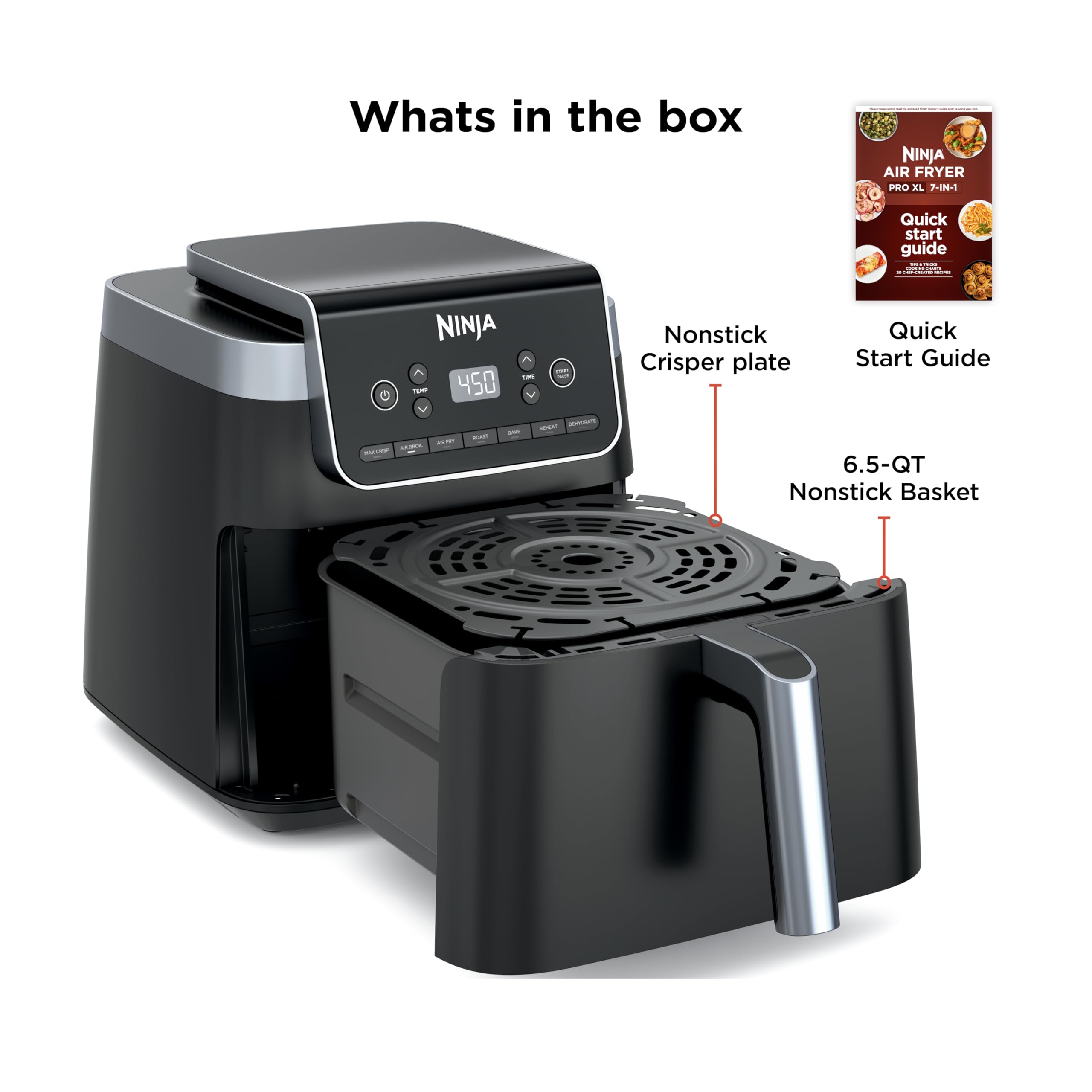 Ninja XL Air Fryer with MaxCrisp | 6.5 QT Capacity | 6-in-1 Max Crisp, Air Fry, Roast, Bake, Reheat & Dehydrate | 450°F Temp | 1750 Watts | Nonstick Basket, Crisper Plate & Recipe Guide | Grey | AF181