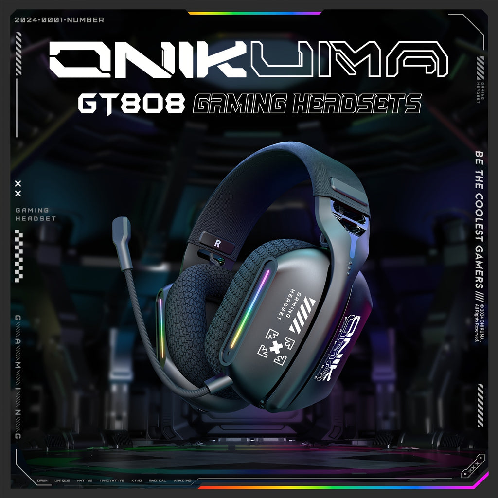 ONIKUMA 2.4G Tri-Mode Wireless Gaming Headset, Rechargeable Battery, Closed-back, Stereo Audio, 3.5mm Headphone Jack, Type-C Port Charging, Non - Waterproof, Push Button Type, Volume Control, Wireless 5.3, 2.4GHz, with Microp