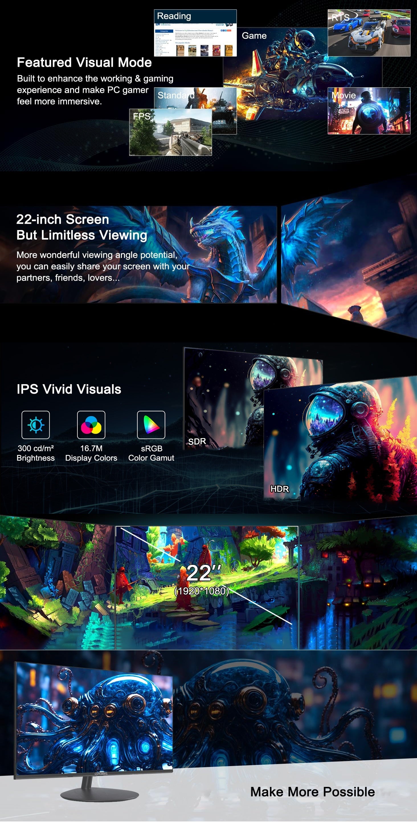 GTQPS 22 Inch Class Thin Full HD (1920 X 1080) Monitor, IPS Panel Screen, FreeSync 75Hz Refresh Rate 99% SRGB LCD Gaming Monitor, FHD Computer Office Monitor, VESA, HDTV X1, VGA X1, Low Blue-light Mode, Adaptive Sync, Eye Car
