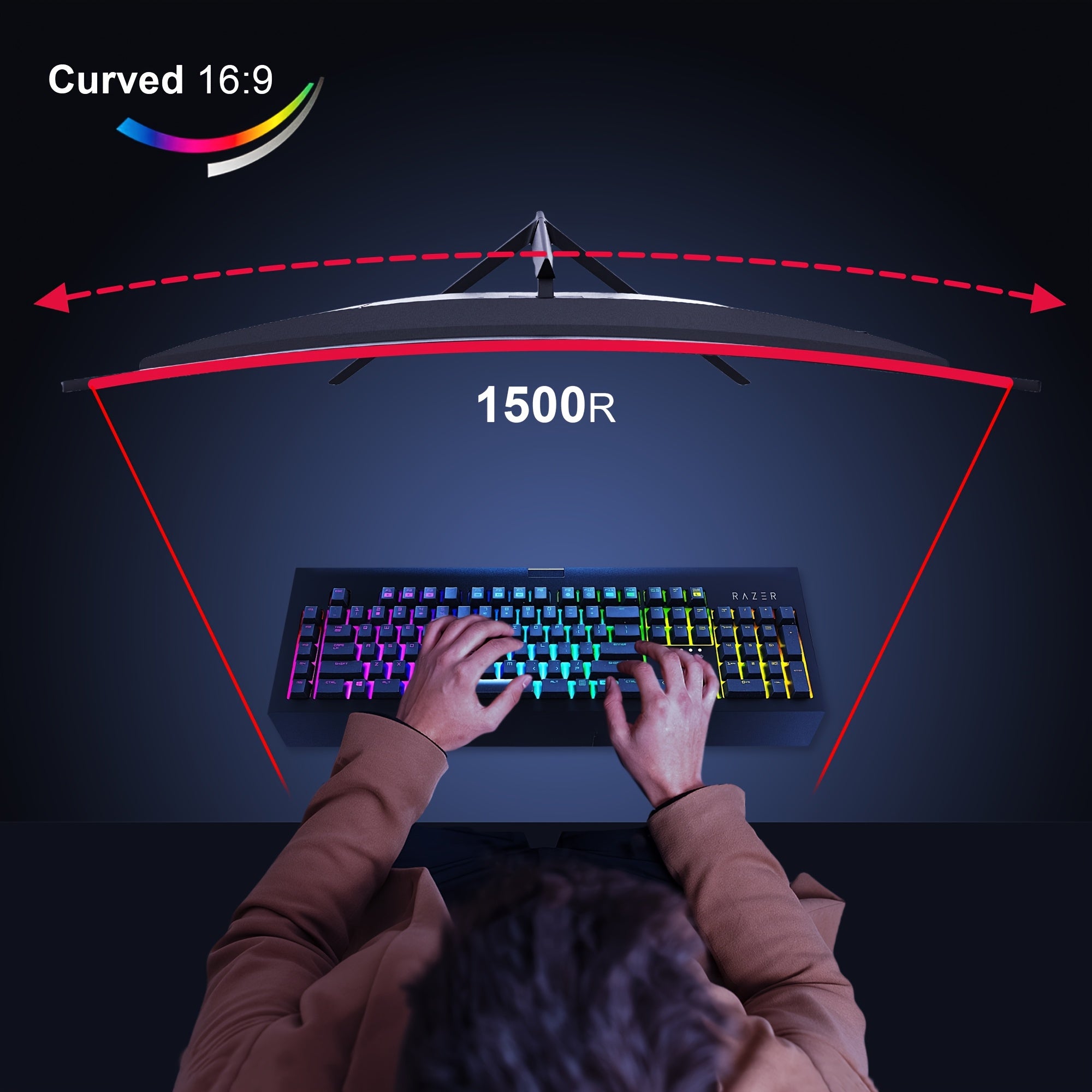 27-inch Curved Monitor 165Hz FHD 1080P VA Screen 1ms GTG Home Office Computer Gaming Monitor, FreeSync Technology, 100% SRGB, HDR, HDTV, DP, Built-in Speaker, Adjustable Tilt, 100×100mm VESA