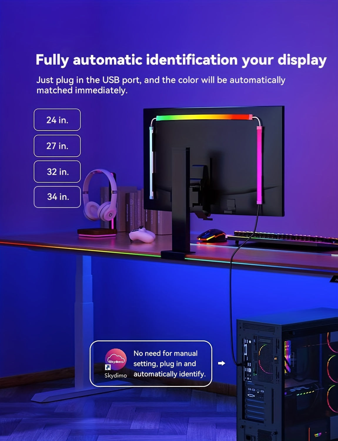 27" Assurged Ambience Display Screen Light - LED Backlit Gaming Monitor with Real-Time RGB+IC Ambient Lighting, Screen Color & Music Sync, High Frame Rate, USB Interface for Desk Gaming - Immersive Gaming Experience