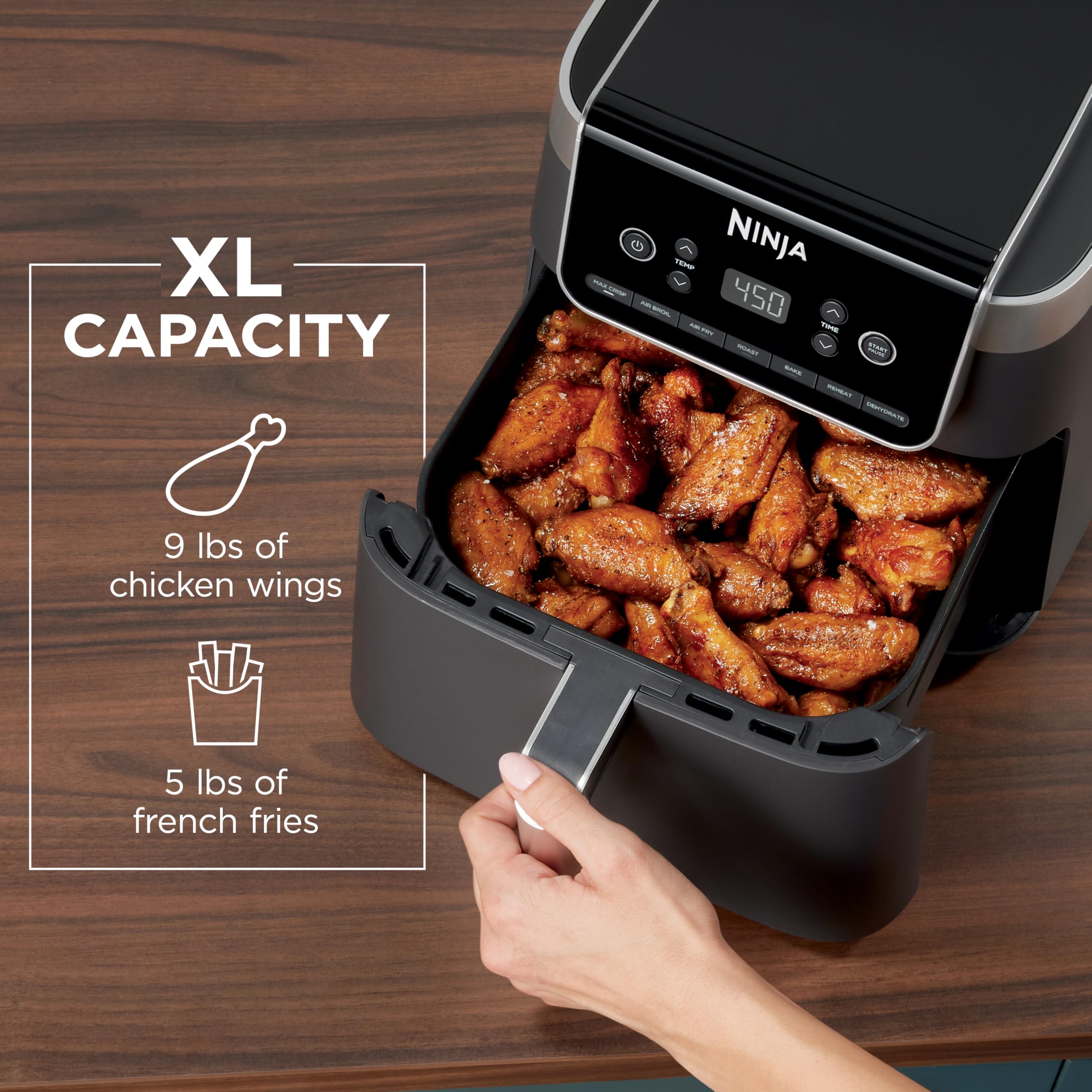 Ninja XL Air Fryer with MaxCrisp | 6.5 QT Capacity | 6-in-1 Max Crisp, Air Fry, Roast, Bake, Reheat & Dehydrate | 450°F Temp | 1750 Watts | Nonstick Basket, Crisper Plate & Recipe Guide | Grey | AF181