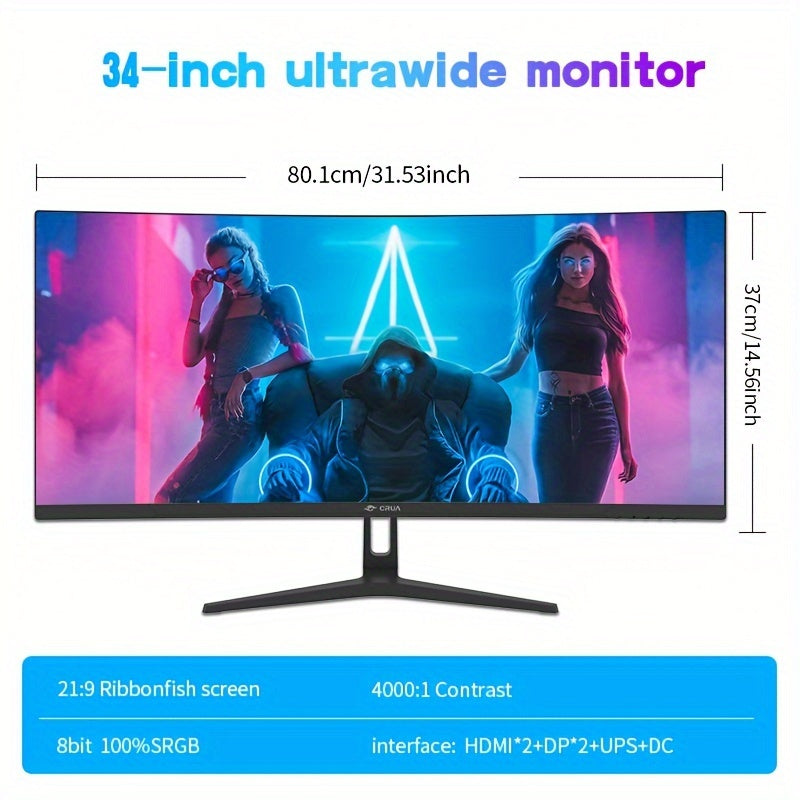 CRUA 34" Ultrawide Curved Gaming Monitor 1440P - 3440x1440 LED Display, 165Hz Refresh Rate, Frameless, 100% sRGB, 110V/220V Table Mount, AMD Freesync, Low Blue Light, US Plug, Black