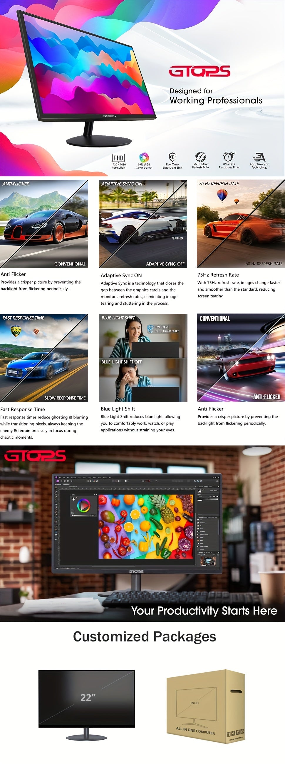 GTQPS 22-inch Professional Gaming Monitor - High-Definition 1080p LED, 100% SRGB Color, Seamless VGA - Stylish Machine Black PC Desktop Display for Unmatched Visuals