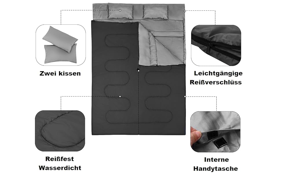 2 in 1 double sleeping bag, single sleeping bag XL, ceiling sleeping bag 2 persons/With 2 pillows/220x150cm/for camping, hiking