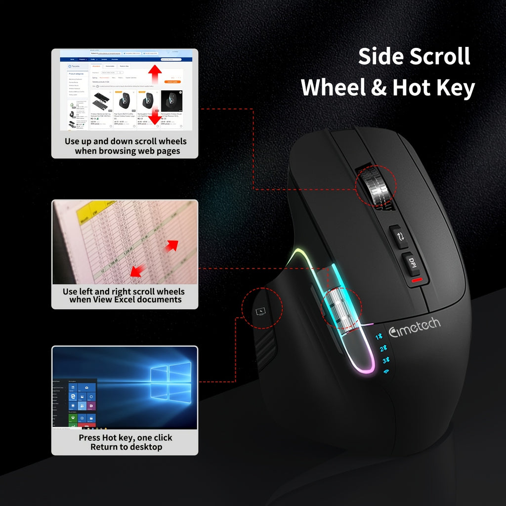 Wireless Wireless Mouse, 2.4GHz, Type-C Wired Three Mode Connection, Artificial Vertical Mouse, Rechargeable Optical Mouse