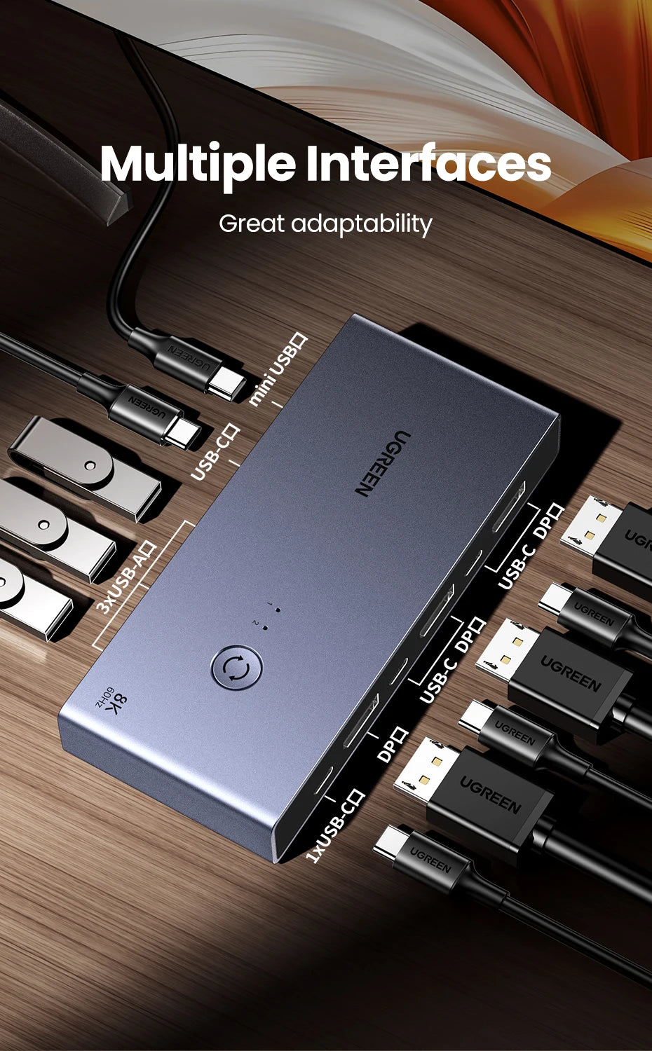 UGREEN DisplayPort 1.4 Switch 8K 60Hz DP Switch 2 PCs Sharing Monitor Keyboard Mouse Printer for Office Gaming