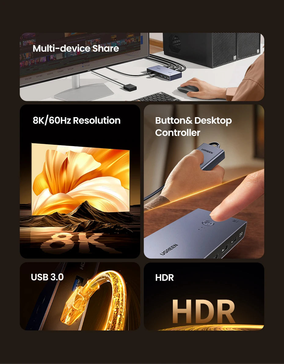 UGREEN DisplayPort 1.4 Switch 8K 60Hz DP Switch 2 PCs Sharing Monitor Keyboard Mouse Printer for Office Gaming