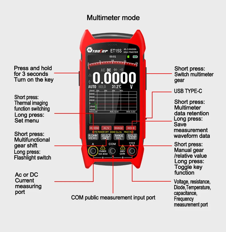 TOOLTOP ET15S 256*192 Thermal Multimeter 3.5-inch Industry Thermal Camera 19999 Counts T-RMS Multimeter HVAC Heating PCB Inspect