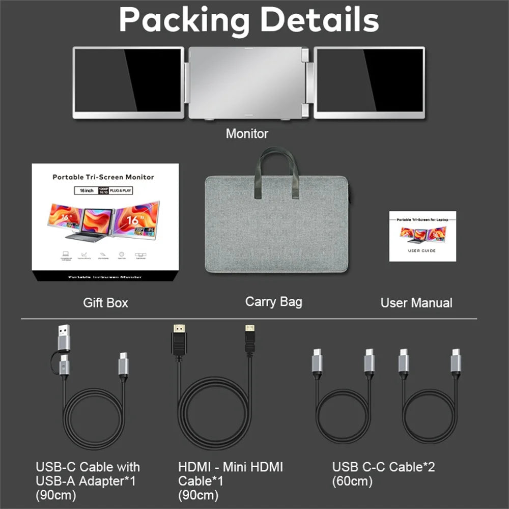 16" FHD IPS Gaming Series Portable LCD Backlit Monitor High-Definition Dual Triple Screen Extender for Productivity Visture