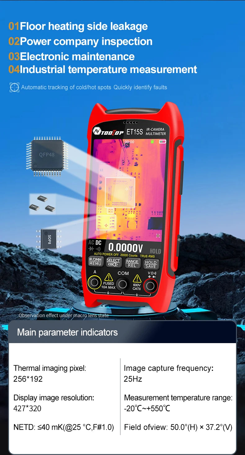 TOOLTOP ET15S 256*192 Thermal Multimeter 3.5-inch Industry Thermal Camera 19999 Counts T-RMS Multimeter HVAC Heating PCB Inspect