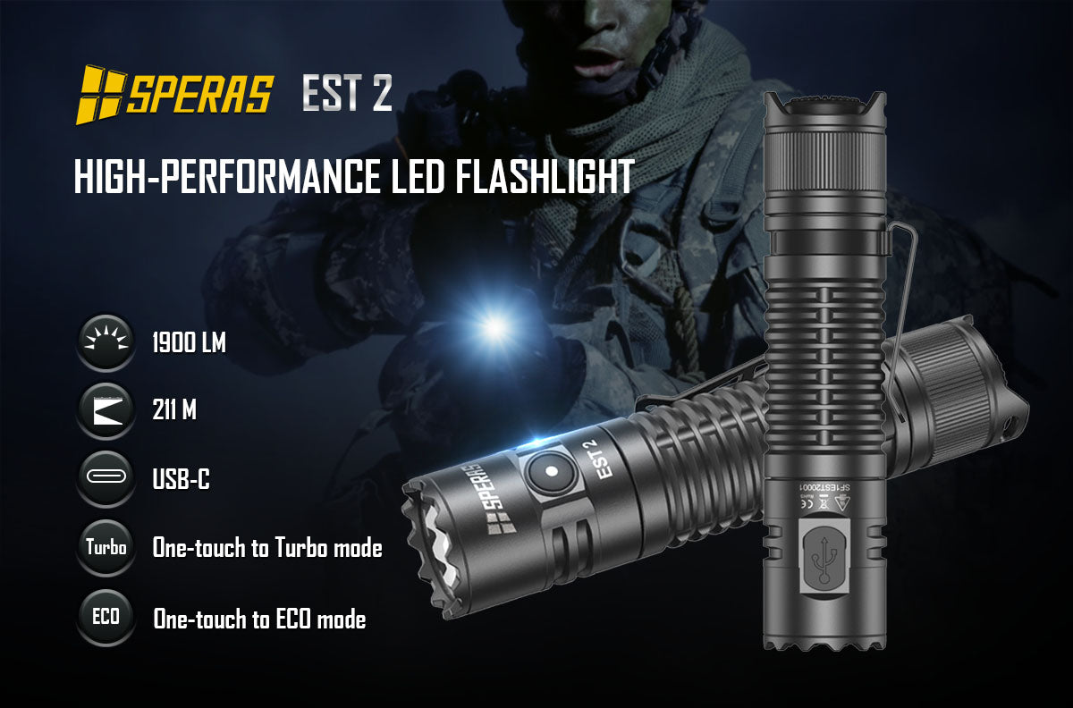 SPERAS EST2 SST-40 LED 1900Lm Type-C Rechargeable Flashlight Protable Powerful 18650 Torch EDC Flash Light IPX68 for Camping