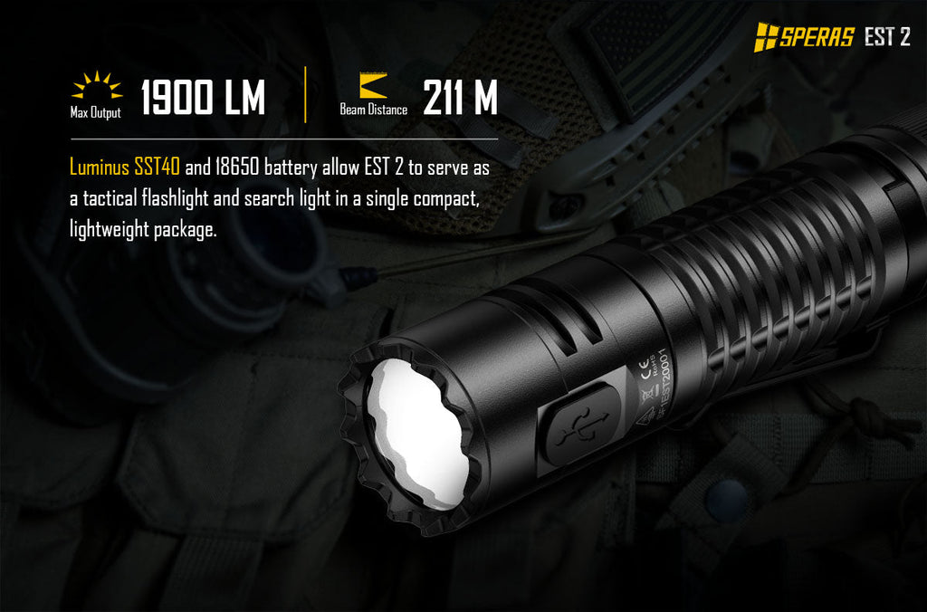 SPERAS EST2 SST-40 LED 1900Lm Type-C Rechargeable Flashlight Protable Powerful 18650 Torch EDC Flash Light IPX68 for Camping