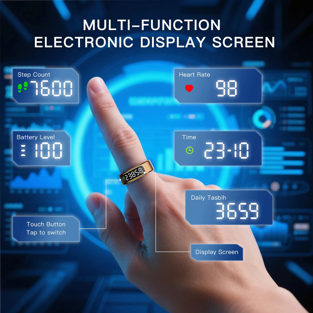 AMOVAN Smart Ring with LED Display Screen Health Tracker and Touch Button, Bluetooth Connection Health Monitor