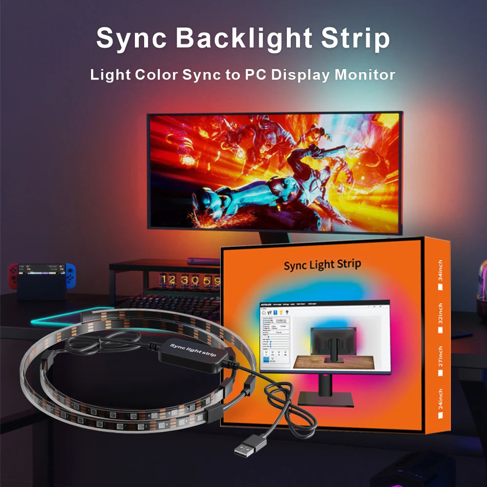 PC Gaming Display Sync Backlight Strip USB NO Camera Ambient Back Light 32'' Computer Monitor Screen Color Synchronize LED Strip