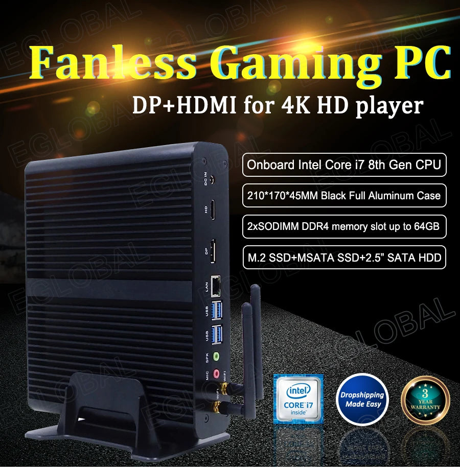 Eglobal Fanless Mini PC  Intel  i7-10510U 1065G7  2*DDR4 Msata+M.2 PCIE  Gamer Windows 10 Laptop Computer Components VGA DP HDMI