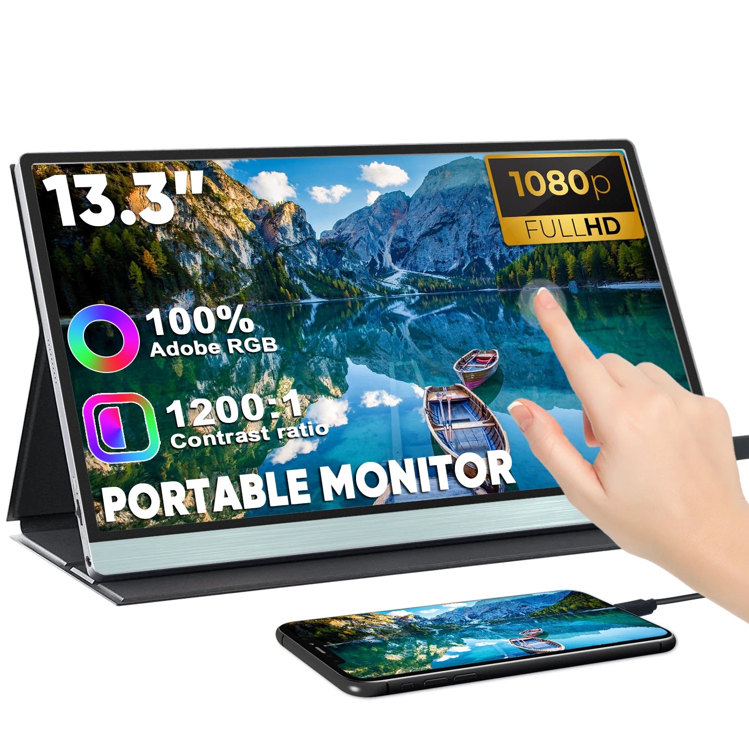 SIBOLAN 13.3 Inch New Portable USB Type-C Monitor 1080P A-Si TFT-LCD Gaming Display 10 Points Touch Screen Laptop Travel Monitor
