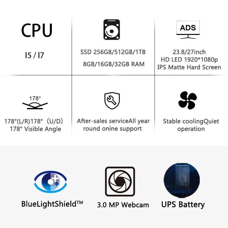 23.8'' All in One Desktop Computer CPU I7-5500U 8GB RAM 256GB SSD AIO Monoblock Ultra Thin Set All-in-One PC with UPS Battery