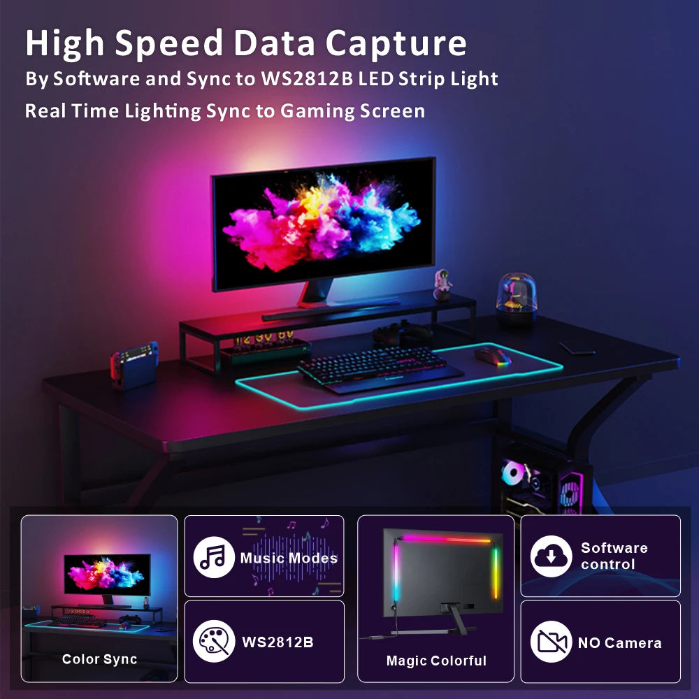 PC Gaming Display Sync Backlight Strip USB NO Camera Ambient Back Light 32'' Computer Monitor Screen Color Synchronize LED Strip