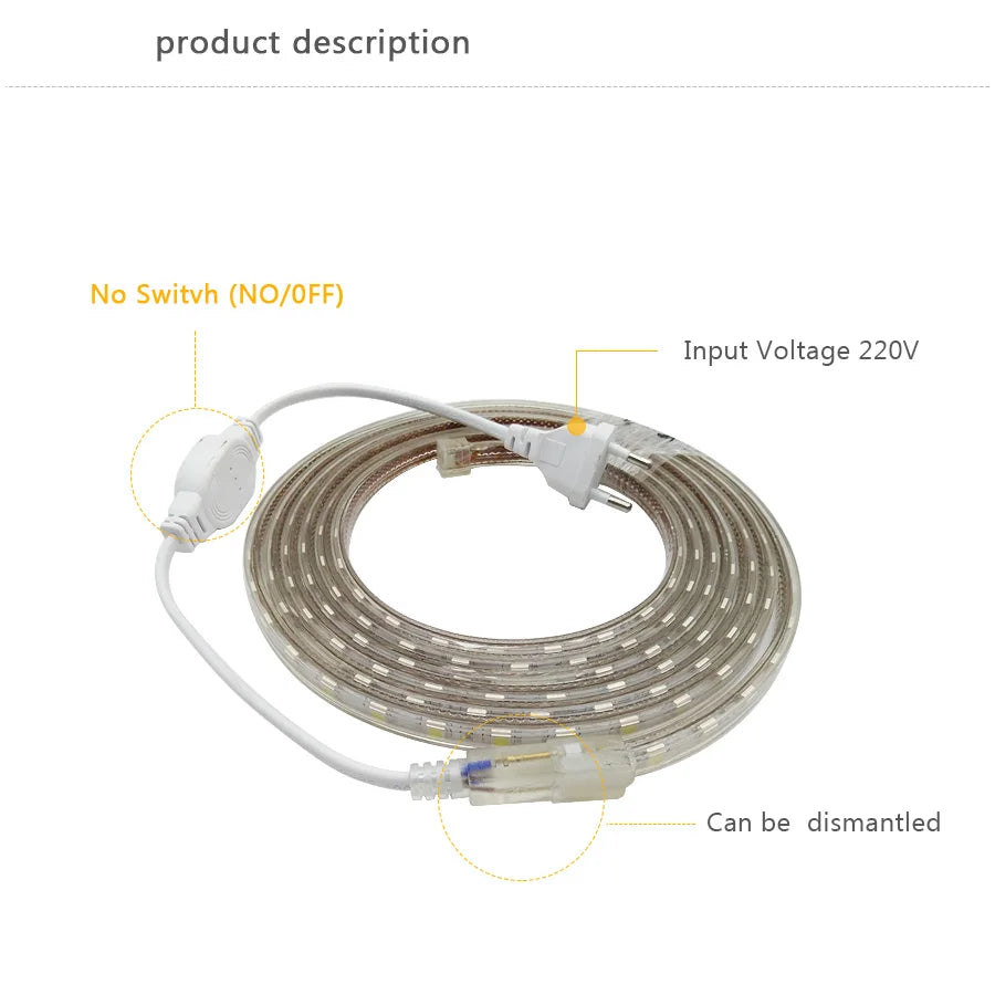 LED Strip Light 220V Waterproof Led strip High Brightness 5050 Flexible Kitchen Outdoor Garden Led Lights With Power Plug 1M-25M