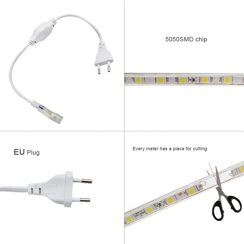 LED Strip Light 220V Waterproof Led strip High Brightness 5050 Flexible Kitchen Outdoor Garden Led Lights With Power Plug 1M-25M
