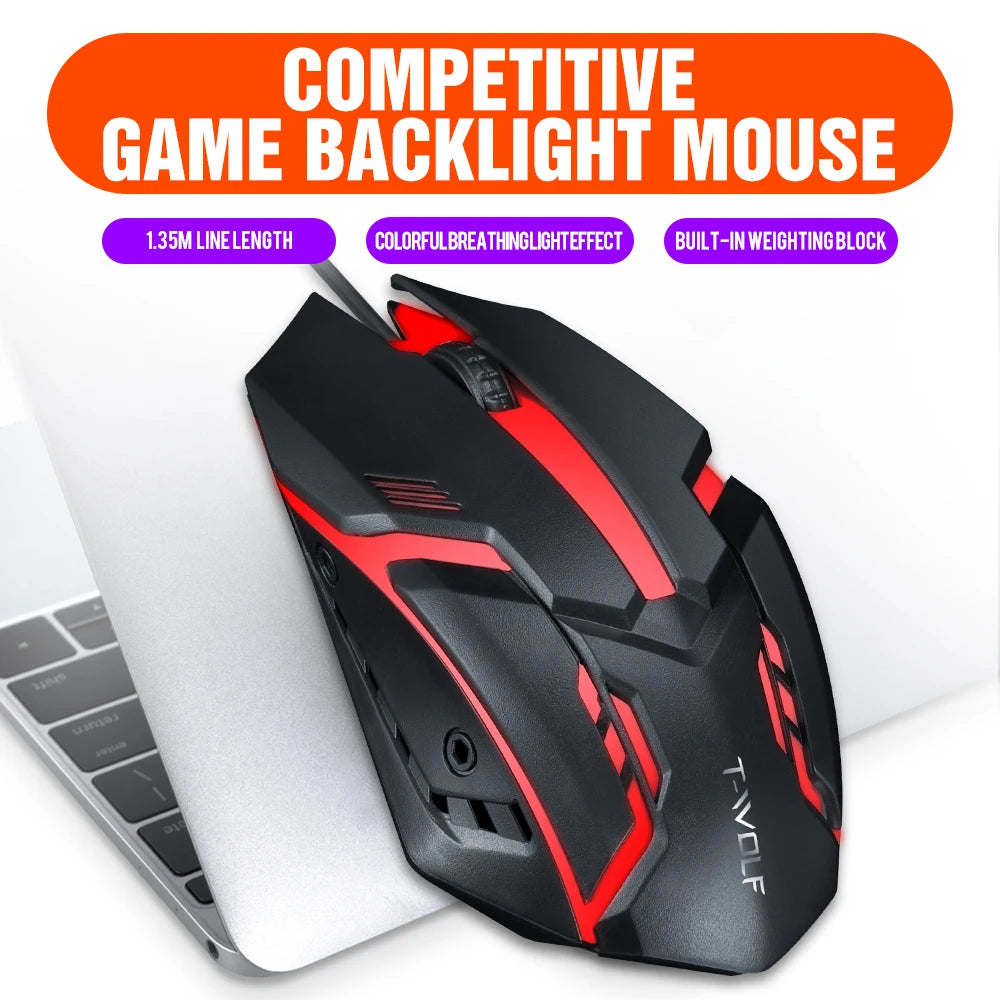 New Gadgets T-WOLF V1 Cheap 3d Mouse Computer Coloful Backlit Led Mouse Wired Optical Gamer PC Mice 1 Dollar Gaming Mouse