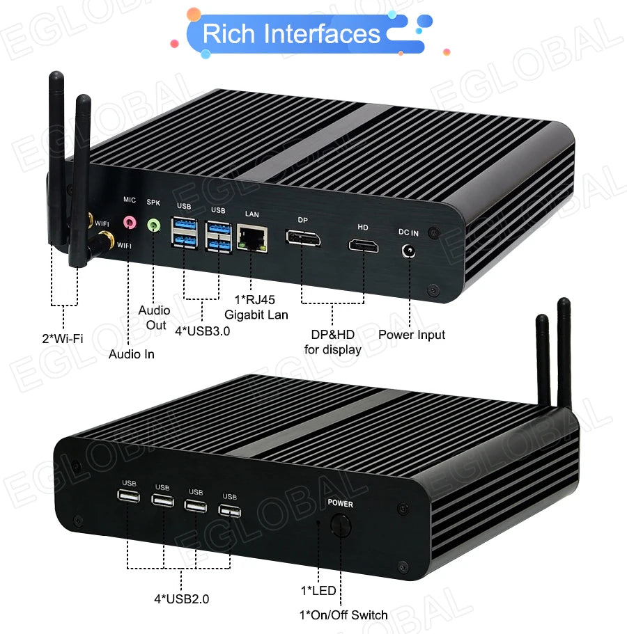 Eglobal Fanless Mini PC  Intel  i7-10510U 1065G7  2*DDR4 Msata+M.2 PCIE  Gamer Windows 10 Laptop Computer Components VGA DP HDMI