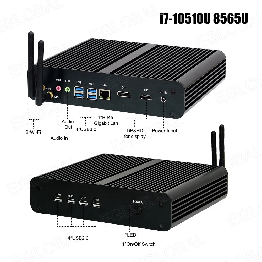 Eglobal Fanless Mini PC  Intel  i7-10510U 1065G7  2*DDR4 Msata+M.2 PCIE  Gamer Windows 10 Laptop Computer Components VGA DP HDMI